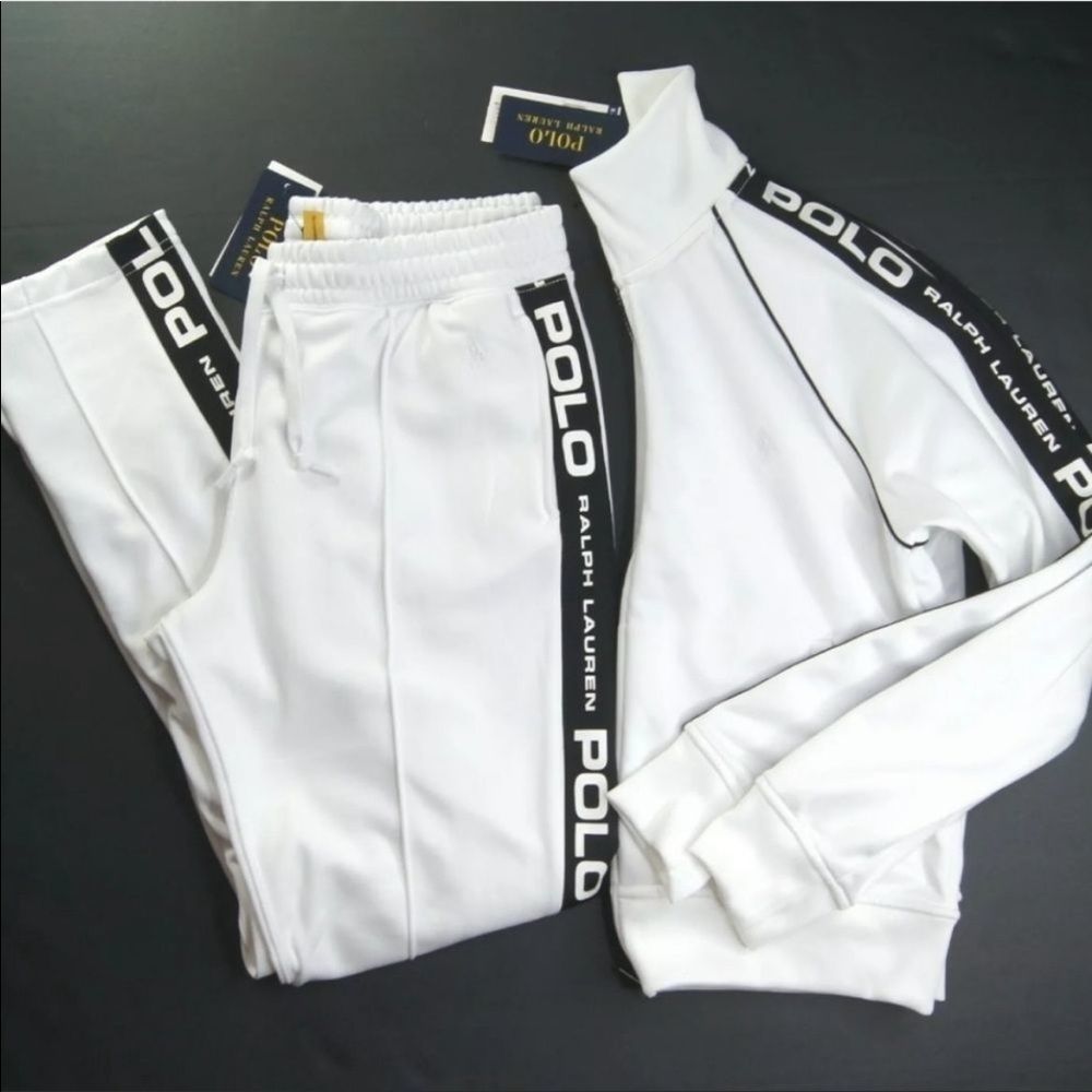 POLO RALPH LAUREN WOMEN’S WHITE CONTRAST LOGO TAPE TRACK JACKET & PANT SET NWT